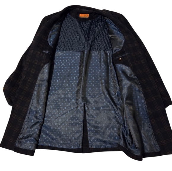 Enzo Tovare Wool Car Coat Men's 54 L Blue Orange Plaid Lined Insulated Jacket - Picture 4 of 15